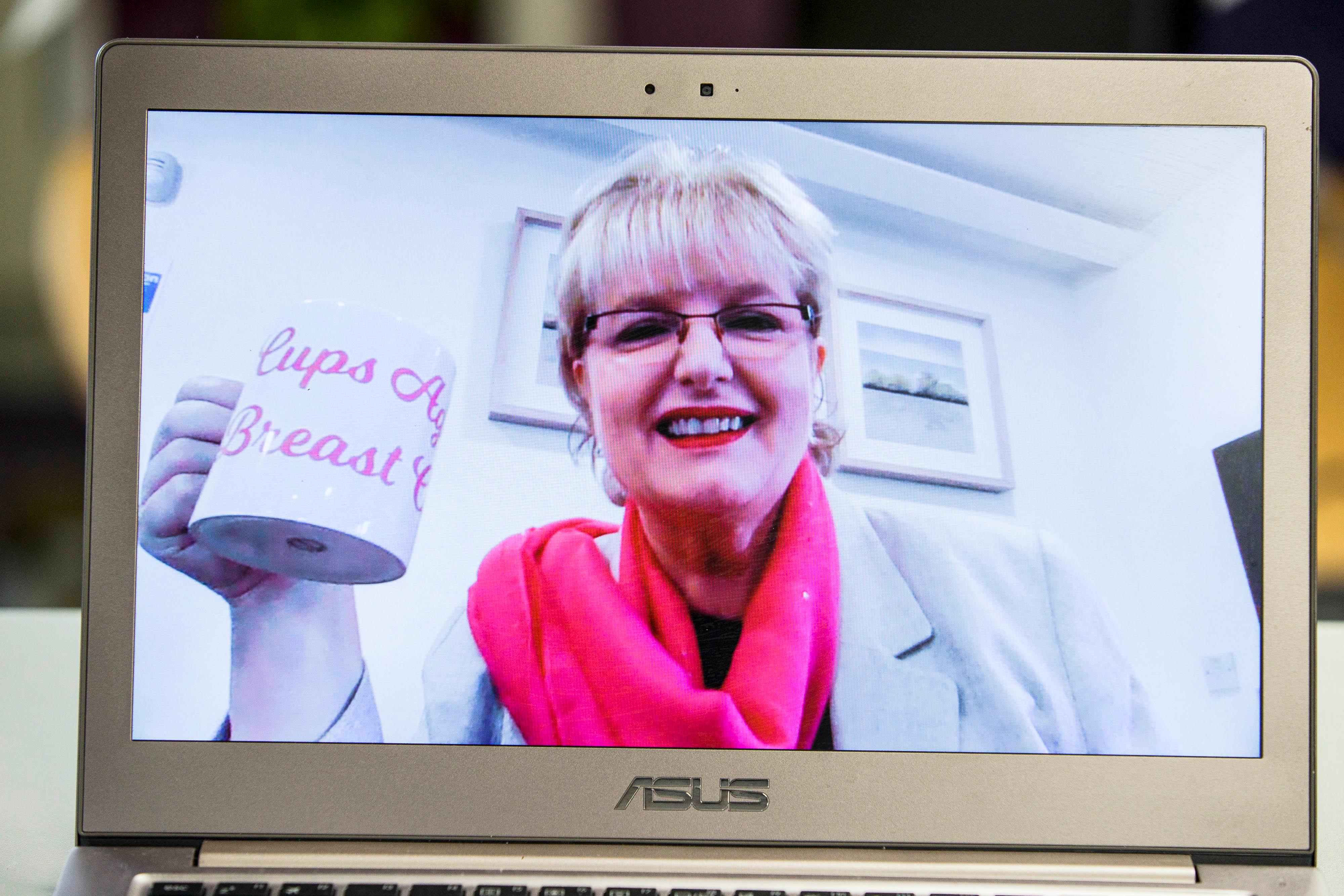 Mary with pink ribbon mug