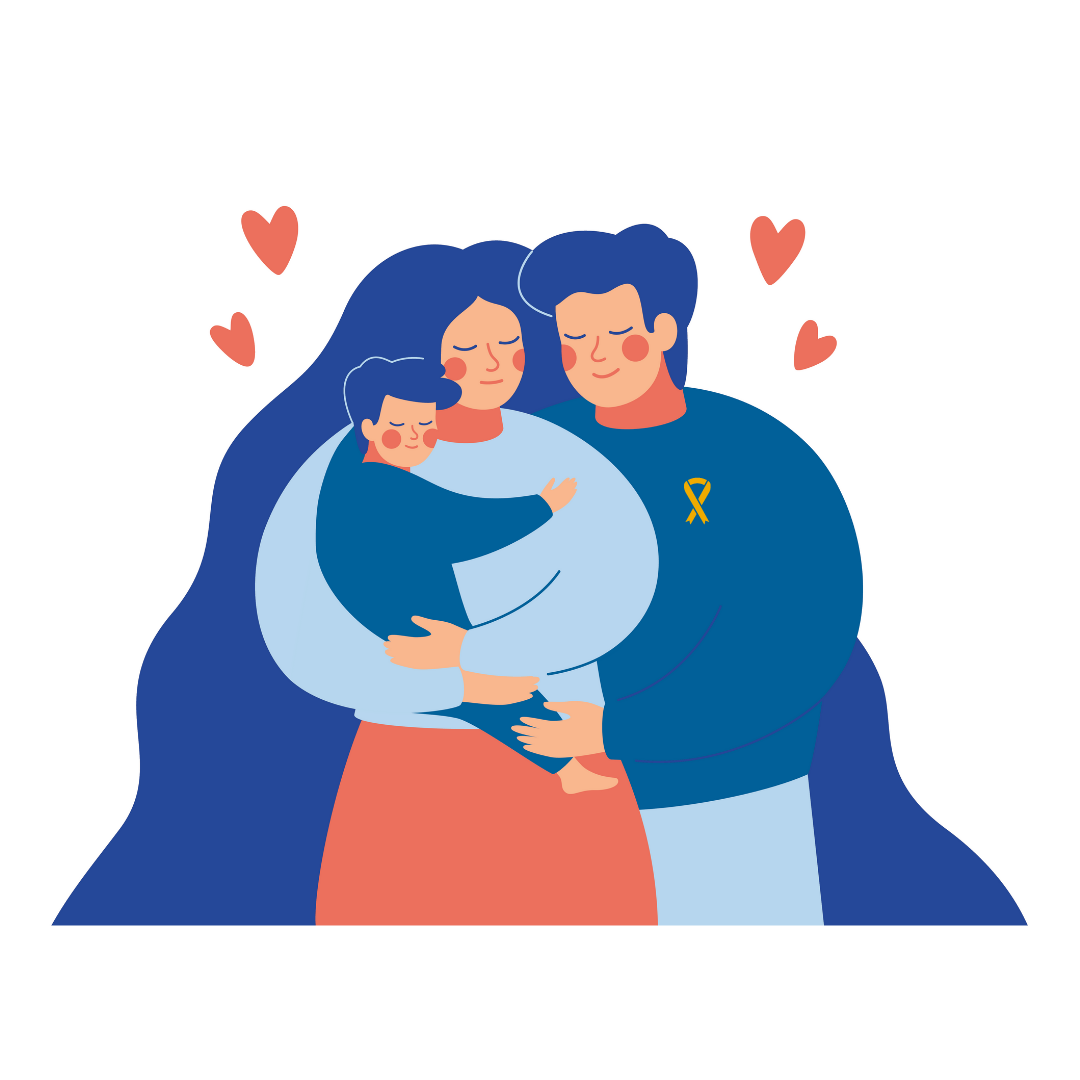 Family hugging, dad wearing gold ribbon