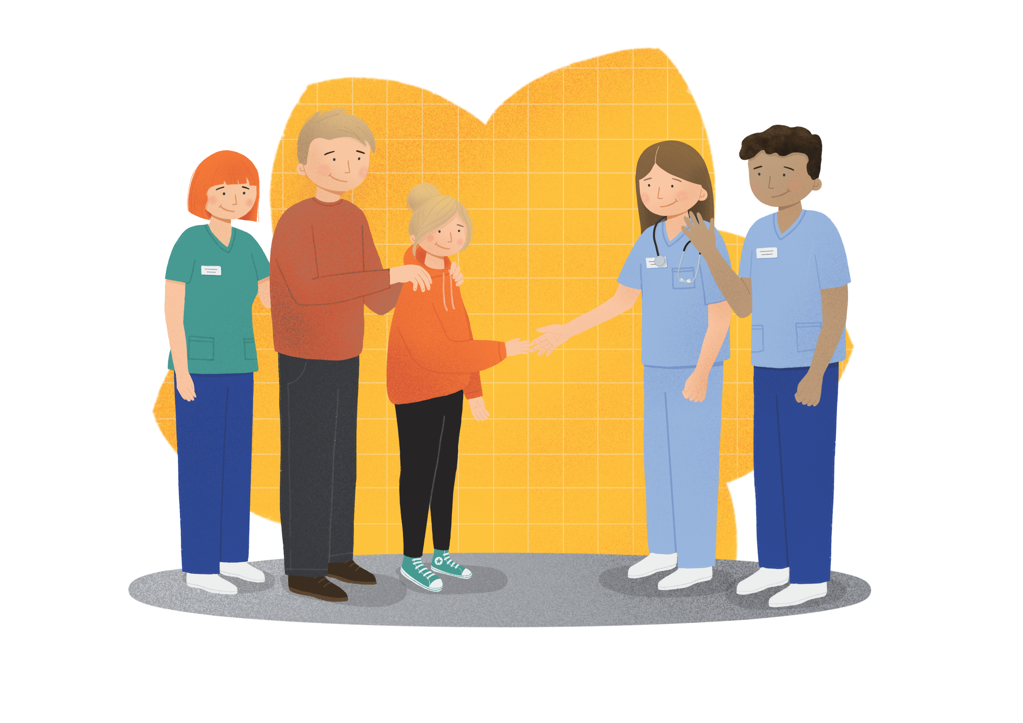 Father and daughter meeting doctors