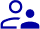 Blue and white illustrated icon showing two people talking