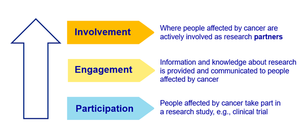 Participation is 'People affected by cancer take part in a research study, e.g., clinical trial', Engagement is 'Information and knowledge about research is provided and communicated to people affected by cancer' and Involvement is 'Where people affected by cancer are actively involved as research partners'
