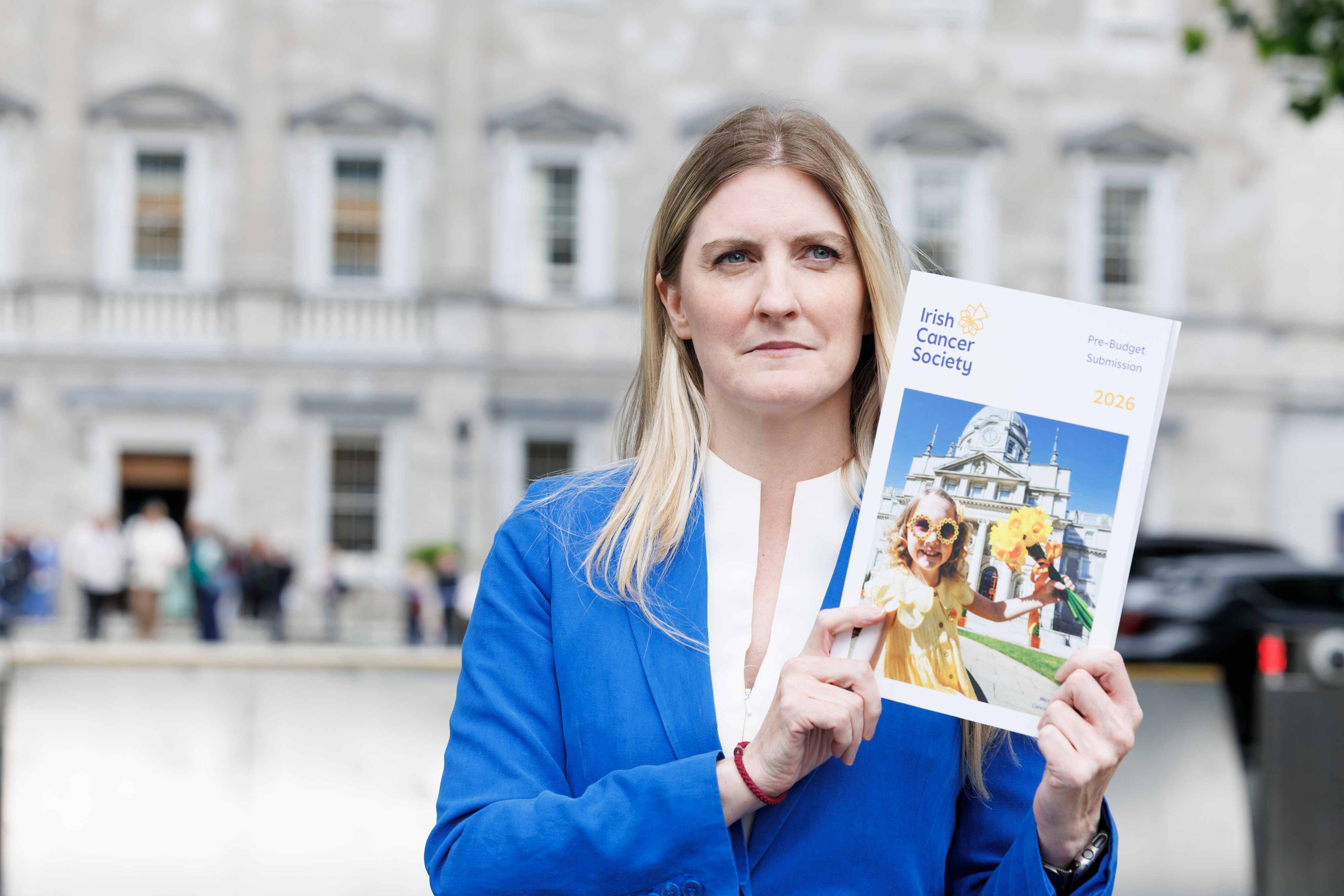 Averil Power, holding the Irish Cancer Society's pre-budget submission 2026