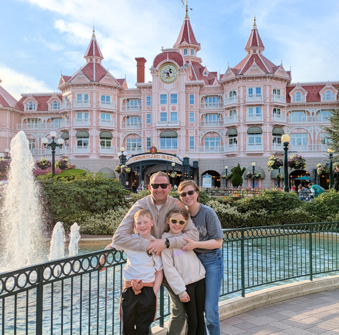 Emma Aspell, breast cancer patient, with family at Disneyland Paris