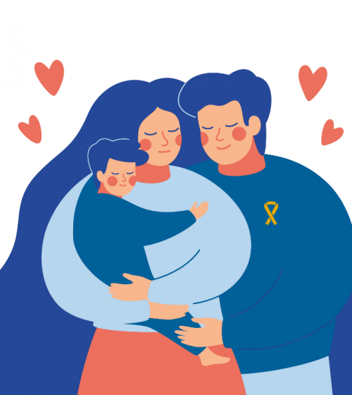Family hugging, dad wearing gold ribbon