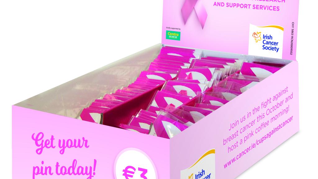 Box of pink ribbon pins