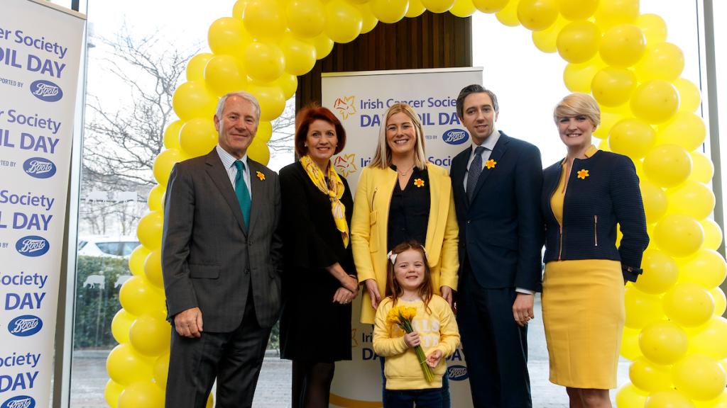 Dermot Breen, Averil Power and Simon Harris at Daffodil Day launch