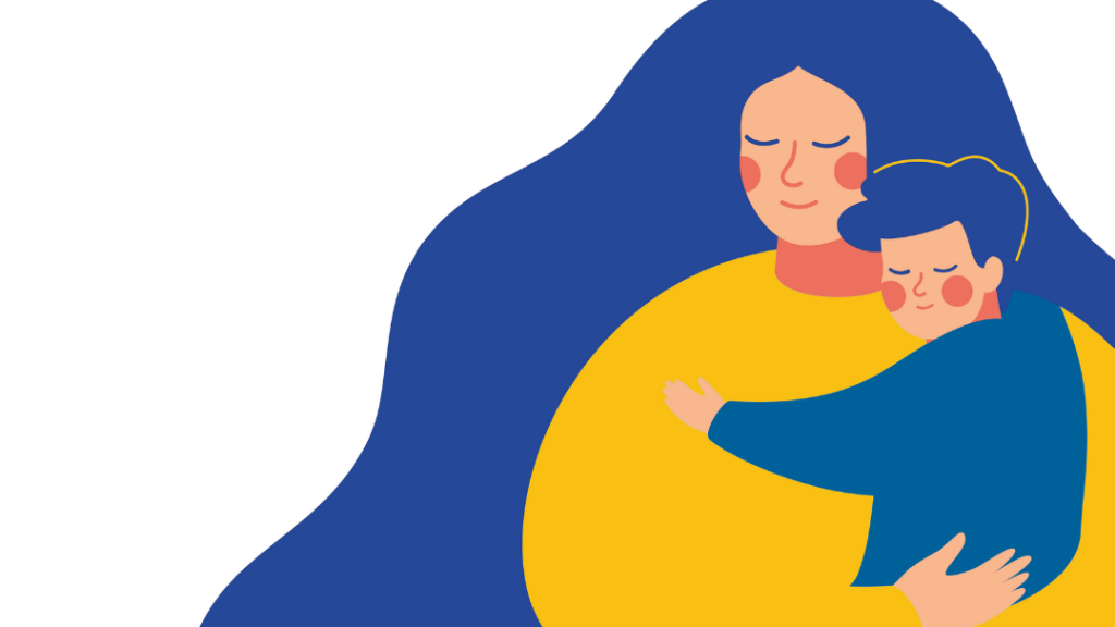 Mother hugging child illustration