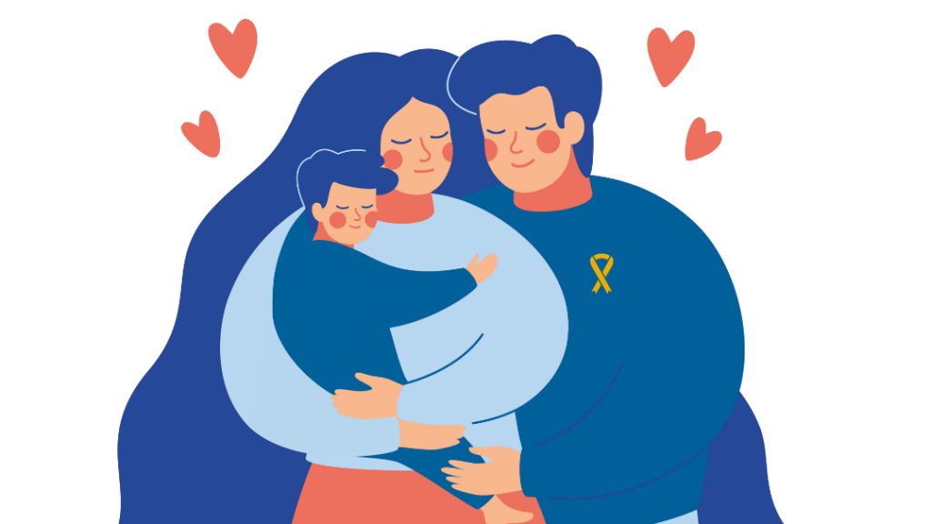 Family hugging, dad wearing gold ribbon