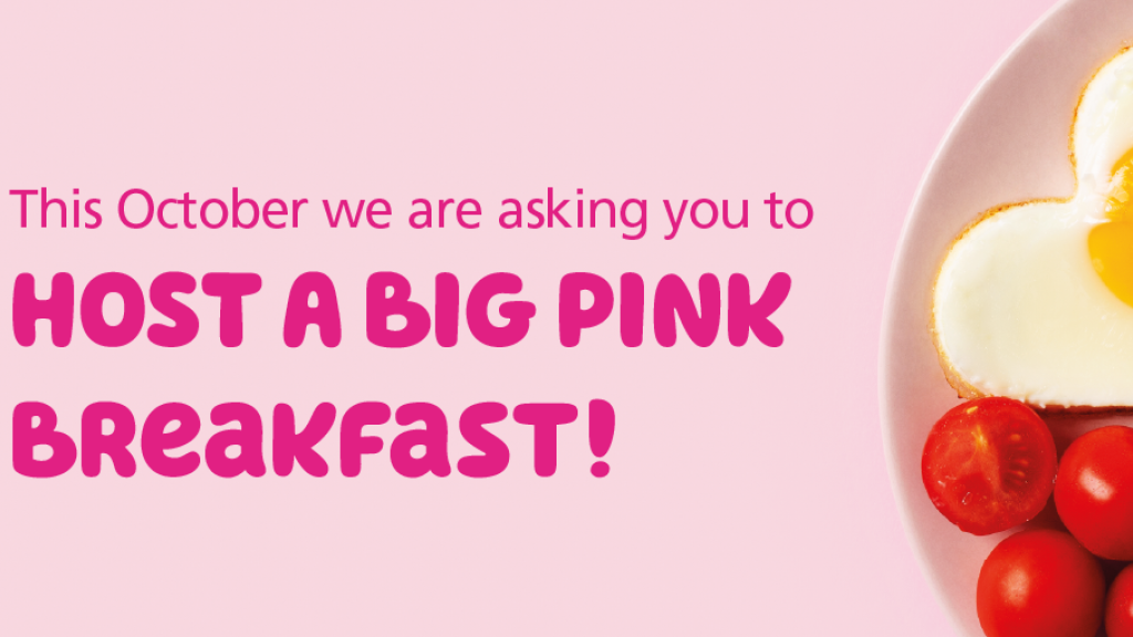 A breakfast plate against a light pink background with the text "This October we are asking you to host a big pink breakfast" in a darker shade of pink
