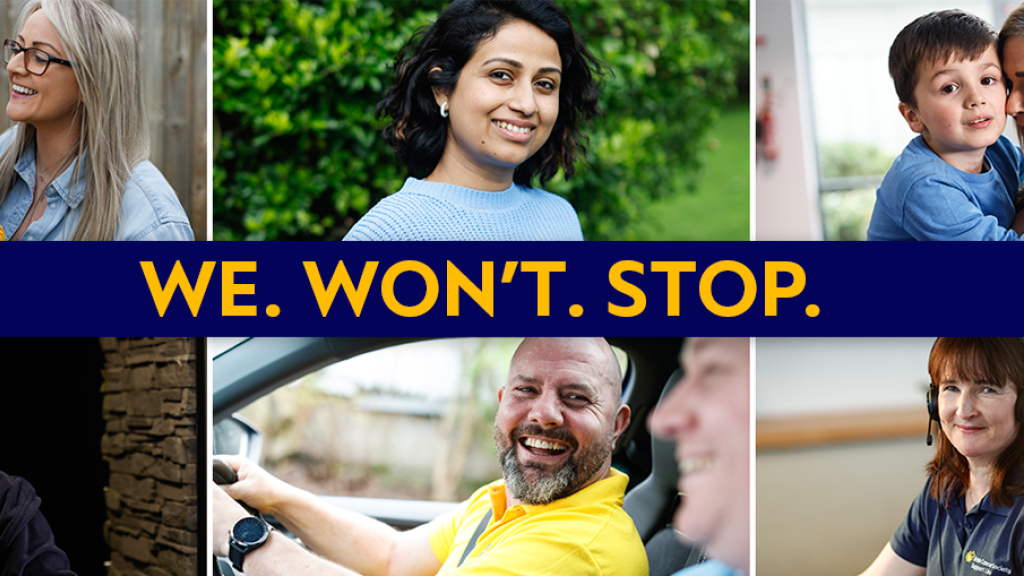 A collage of volunteers, cancer survivors, and nurses with text reading "We Won't Stop"