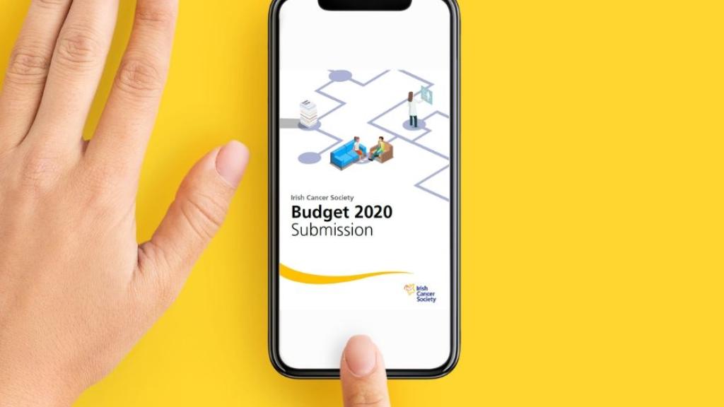 Smartphone screen showing Irish Cancer Society Budget 2020 Submission document