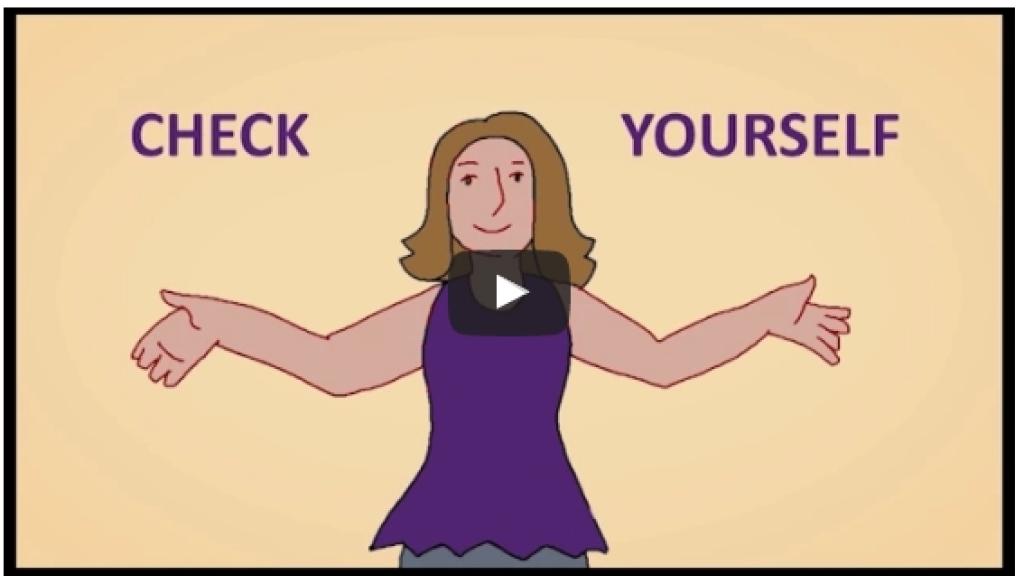 Graphic of a cartoon woman with her arms outstretched: Check Yourself