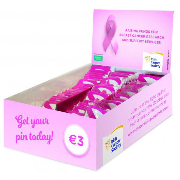 Box of pink ribbon pins