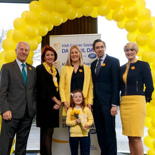 Dermot Breen, Averil Power and Simon Harris at Daffodil Day launch
