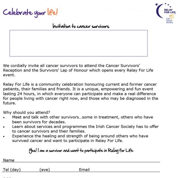 Relay For Life invitation letter to cancer survivors
