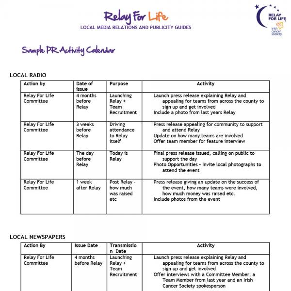 Relay For Life activity calendar