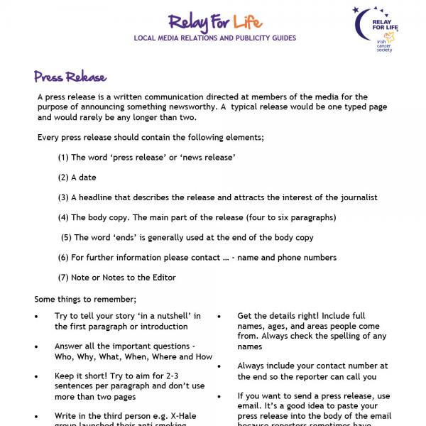 Relay For Life press release guide