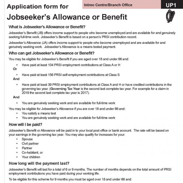 UP1 Jobseekers Allowance Form