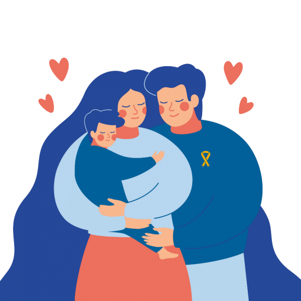 Family hugging, dad wearing gold ribbon