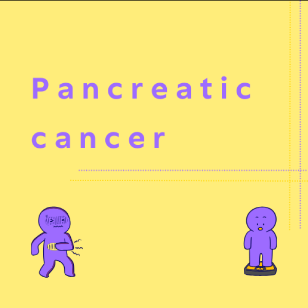 Image with a yellow background and purple type reads: Pancreatic cancer. Small icons of some symptoms appear in both lower corners.