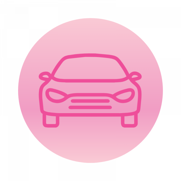 Pink backgrounded round image with a pink car outline icon in the middle