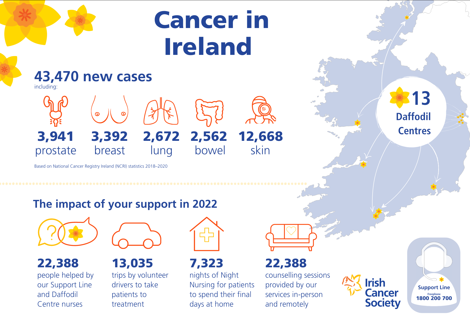 Infographic with statistics on cancer incidence in Ireland, and Irish Cancer Society services