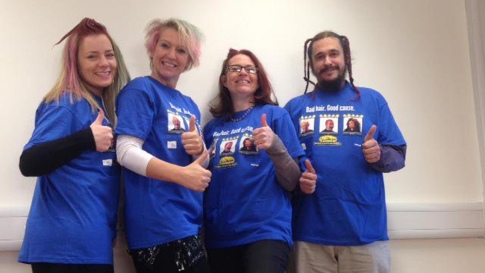 Shave or Dye participants in blue t-shirts